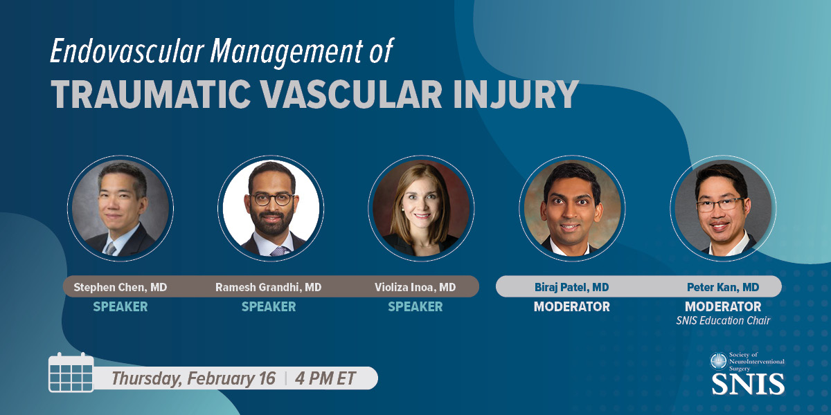 SNIS Info (@snisinfo) on Twitter photo Don't miss the next #SNISinsights webinar, "Endovascular Management of Traumatic Vascular Injury" next Thurs., 2/16 at 4 p.m. ET!
SNIS Education Chair <a href="/PeterKa80460001/">Peter Kan</a> & <a href="/BirajMPatel/">Biraj Patel</a> will sit down with <a href="/s0schen/">Stephen R Chen</a>, <a href="/rgrandhi/">Ramesh Grandhi</a> & <a href="/InoaVioliza/">Violiza Inoa</a>. Register now ➡️ register.gotowebinar.com/register/34834… Don't miss the next #SNISinsights webinar, "Endovascular Management of Traumatic Vascular Injury" next Thurs., 2/16 at 4 p.m. ET!
SNIS Education Chair <a href="/PeterKa80460001/">Peter Kan</a> & <a href="/BirajMPatel/">Biraj Patel</a> will sit down with <a href="/s0schen/">Stephen R Chen</a>, <a href="/rgrandhi/">Ramesh Grandhi</a> & <a href="/InoaVioliza/">Violiza Inoa</a>. Register now ➡️ register.gotowebinar.com/register/34834…