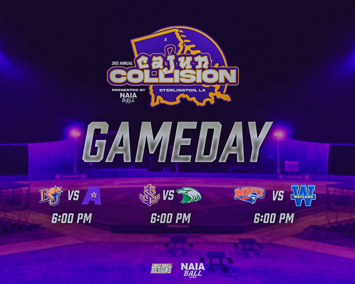 CajunCollision's tweet photo. IT IS GAMEDAY HERE IN STERLINGTON!

Kicking off the 2023 Cajun Collision with 3 games starting at 6 PM. All games will be live streamed via the Sterlington Sports Complexes Facebook. 
https://t.co/lIHODrc2MT

#4 LSUS vs #14 CMU
#12 MNU vs WBU
Baker vs RV LSUA
#NAIABall @NAIABall https://t.co/TT9da6LK9U