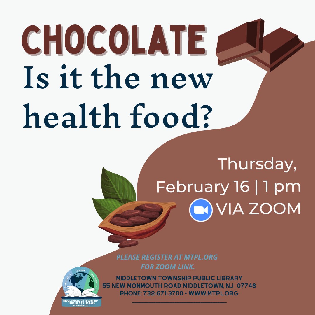 MiddletownPL's tweet image. Join us next Thursday via ZOOM for a library program about the health benefits of chocolate!

Read more and sign up for a ZOOM link: mtpl.libcal.com/event/9899507 

#chocolate #virtuallibraryprogram #looktolibraries