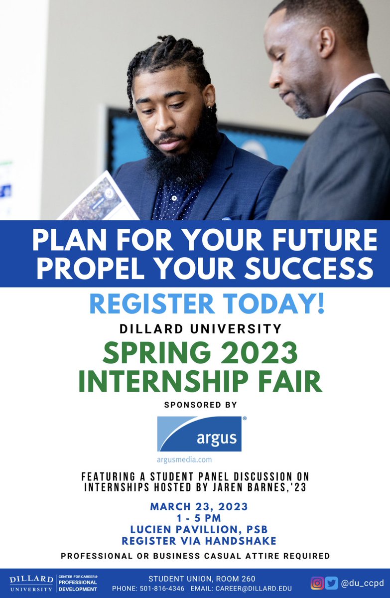 🗣️ Register today for The Spring 2023 Internship Fair for the chance to secure those Summer Internships 💼  

Sponsored by: <a href="/ArgusMedia/">Argus Media</a> 

👉🏾 March 23rd, 2023 
       Time: 1 PM - 5 PM 

Register via Handshake: app.joinhandshake.com/career_fairs/3…

#MyDU #DUCCPD #AreYouCareerReady