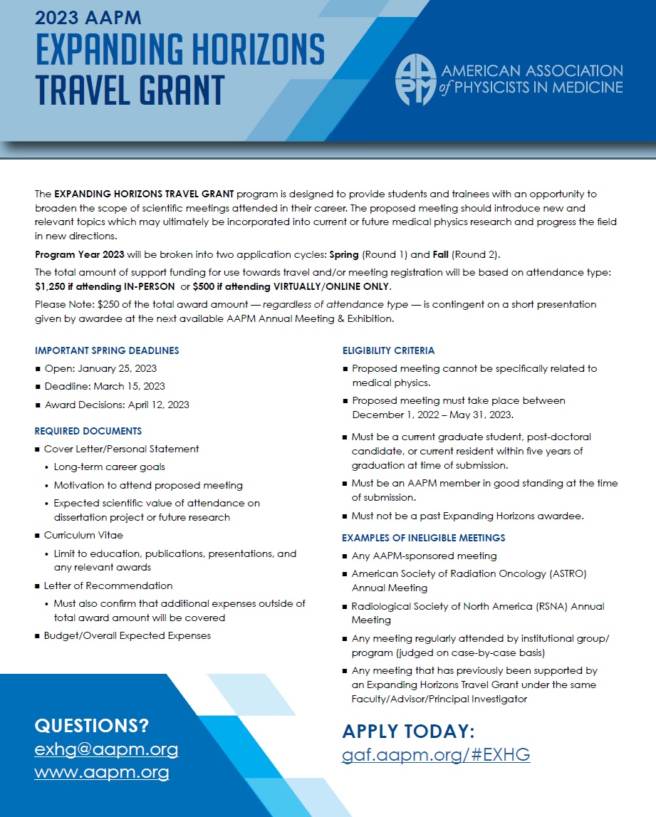 Suman Shrestha, PhD (@sshrestha_1) on Twitter photo The 2023 <a href="/aapmHQ/">American Association of Physicists in Medicine</a> Expanding Horizons Travel Grant for students & trainees is now accepting applications. This grant provides the opportunity to participate in relevant scientific conferences, encouraging innovation in #medphys research. #Radonc
Apply @: gaf.aapm.org The 2023 <a href="/aapmHQ/">American Association of Physicists in Medicine</a> Expanding Horizons Travel Grant for students & trainees is now accepting applications. This grant provides the opportunity to participate in relevant scientific conferences, encouraging innovation in #medphys research. #Radonc
Apply @: gaf.aapm.org