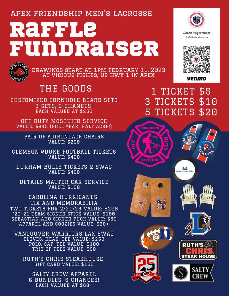 Stop by Vicious Fishes of Apex this Saturday from 10am-1pm to buy a raffle ticket during our cornhole tournament! 

We have some great prizes and you don’t need to be present to win!