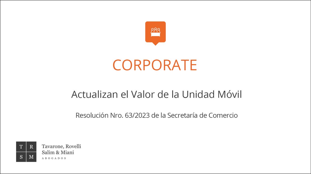 trsymabogados's tweet photo. ⚠️ Alerta Legal • [Corporate] Con fecha 7 de febrero se publicó la Resolución Nro. 63/2023 emitida por la Secretaría de Comercio, por la cual se actualizó el valor de la unidad móvil de la suma de AR$83,45 a la suma de AR$162,55

📑 https://t.co/yl1d6PONTg

#alertalegal #TRSyM https://t.co/MVDsQtG8Hb