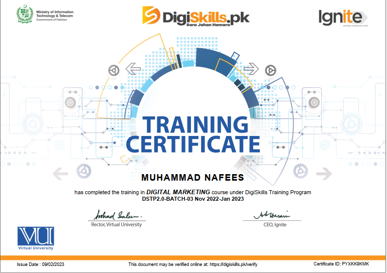iammnafees's tweet photo. Alhamdulillah I have Successfully Completed my Certificate Digital Marketing &amp; Wordpress. #DigitalMarketing #WordPress #IgniteYouth #VirtualUniversity #digiskill #SMM #Pakistan https://t.co/zj14Sb3YmH
