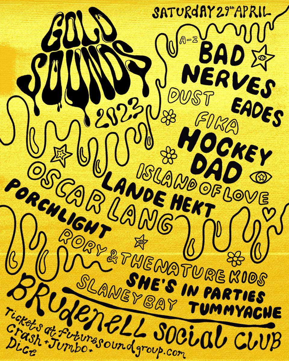 Here is your Gold Sounds Festival Line-Up! We're back for 2023, returning to our home @nath_brudenell on Saturday 29th April for a big old all-dayer. Tickets go on-sale for only £15 at 10am tomorrow via bit.ly/GoldSounds23