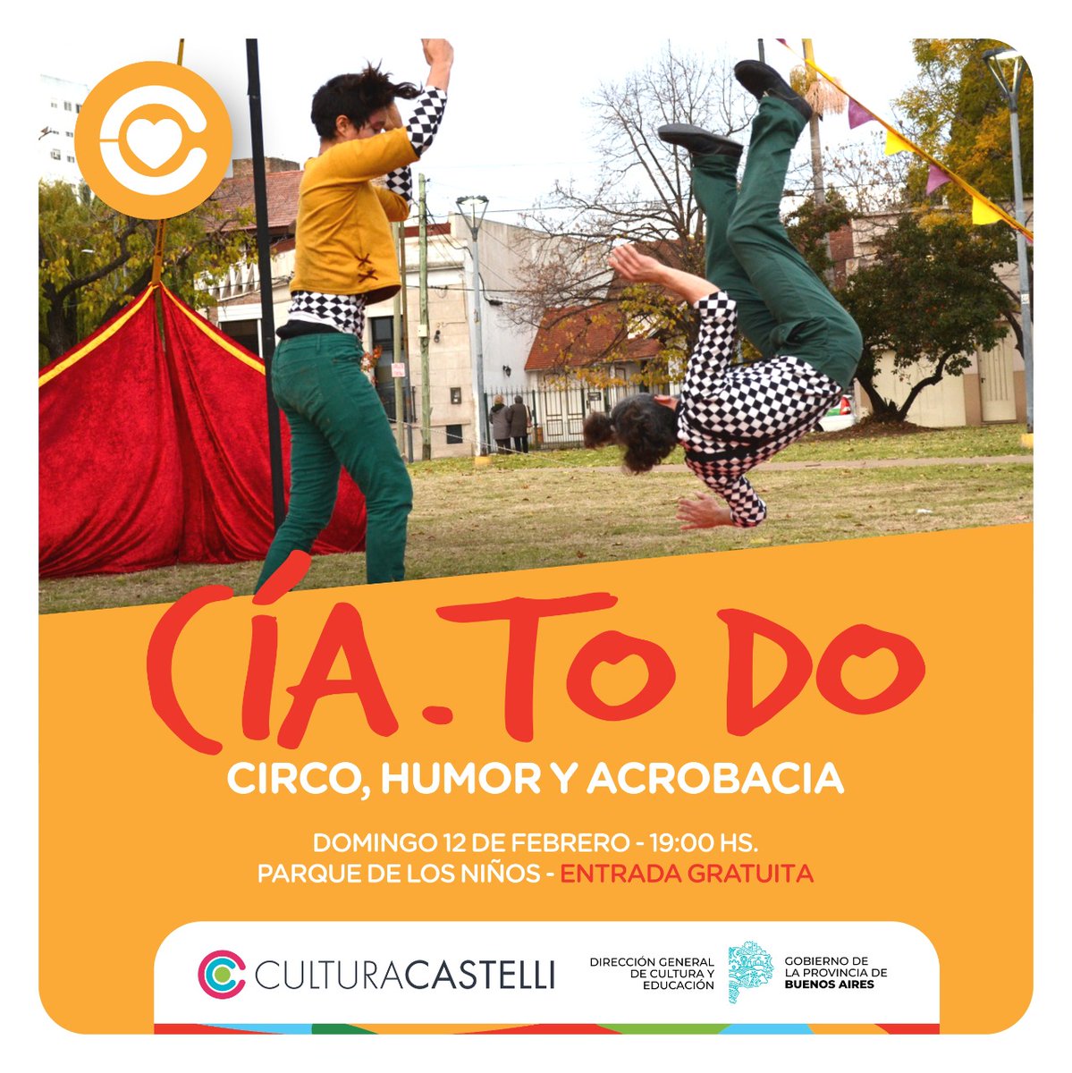🎪🎭ESPECTÁCULO GRATUITO EN EL PARQUE DE LOS NIÑOS 🤹🤹‍♀️

El domingo 12 a las 19hs se presentará en el PARQUE DE LOS NIÑOS el espectáculo de CIA TODO: Circo, Humor y Acrobacia. Con auspicio de Cultura de la Provincia y con entrada libre y gratuita.