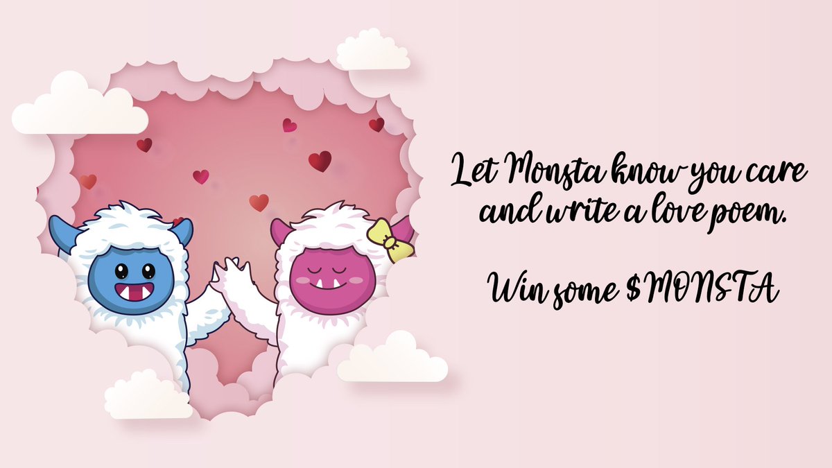 BasedMonsta's tweet photo. Its almost Valentine’s day and love is in the air ❤️
❤️Write a love poem about Monsta and post it to your Twitter on Valentine's day
❤️Tag @thecakemnstr in your post along with the hashtag #ILoveMonsta
❤️ Best 3 poems win $MONSTA prizes
Details at: https://t.co/8PU1tlBX8i https://t.co/Flm5mX36vh