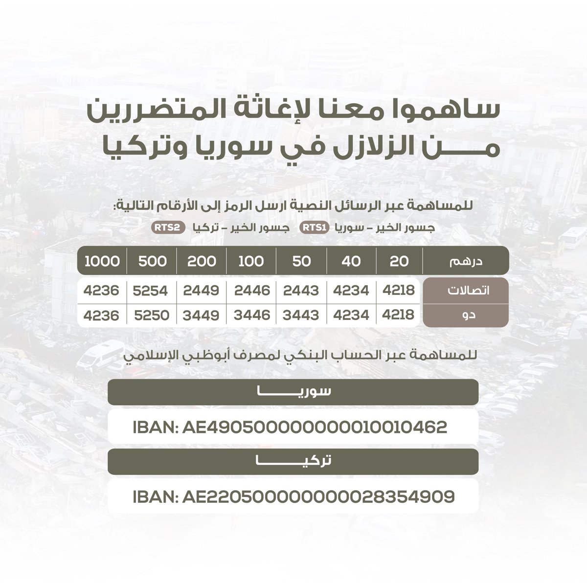 emiratesrc's tweet image. ساهموا معنا في حملة "#جسور_الخير" لإغاثة المتضررين من الزلازل في #سوريا و #تركيا، والتخفيف من معاناتهم 
.
للمشاركة والتبرع عبر: emiratesrc.ae/relief/default…