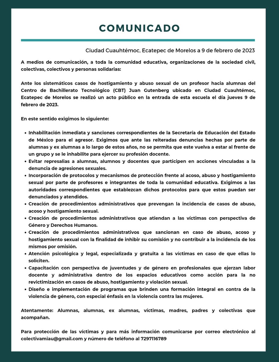 <a href="/alfredodelmazo/">Alfredo Del Mazo</a> <a href="/geramonro05/">Gerardo Monroy</a> <a href="/Edomex/">Gobierno del Estado de México</a> <a href="/SeducEdoMex/">Educación, Ciencia, Tecnología e Innovación</a> <a href="/hectorhesilva/">Hector Hernández Silva</a> @Moctezuma2019 <a href="/SEMSedomex/">SEMS</a> <a href="/DBT_Edomex/">Dirección de Bachillerato Tecnológico</a> Pedimos atentamente la resolución inmediata ante los casos de hostigamiento y acoso sexual dentro del CBT Juan Gutenberg #Ecatepec 🚨.

#NiUnaMás
#ViolenciaDeGénero 

1.