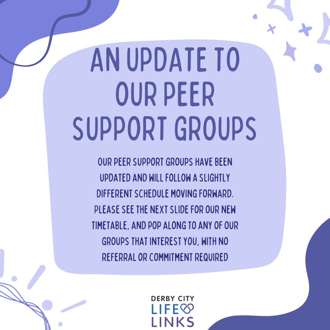 DerbyLinks's tweet photo. ✨ IMPORTANT UPDATE REGARDING
OUR PEER SUPPORT GROUPS ✨
Please come along to our Peer Support groups if you
would like to receive support for mental health and
wellbeing, in a friendly and sociable environment. No
referral or commitment necessary! https://t.co/gbe9gg4bnD