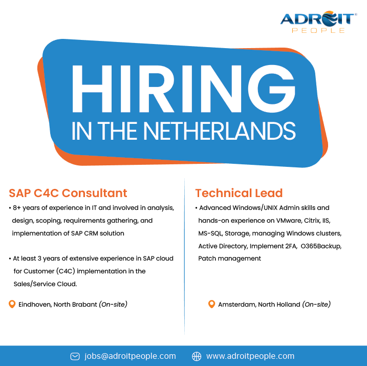 We are hiring in the #Netherlands
#immediatehiring

Please send your resume to jobs@adroitpeople.com

#netherlandsjobs #amsterdamjobs #techjobs #techjobalert #netherlands #itjobs