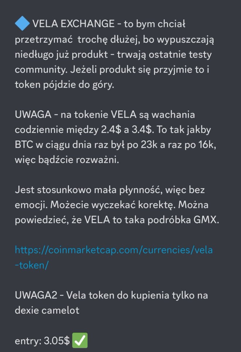 KoszaryTradingu's tweet photo. Witamy na Koszarach Tradingu 🔥

Będziemy się tutaj dzielić naszymi najlepszymi zagraniami.

Na dobry początek na załączonym zdjęciu zakup naszego tradera z 4.02.2023.

Obecna cena $VELA to 4.43$, a wczoraj dobiło nawet do 5.70$ 🤯

Chcesz więcej?

👇 https://t.co/uPMQa2TR8q