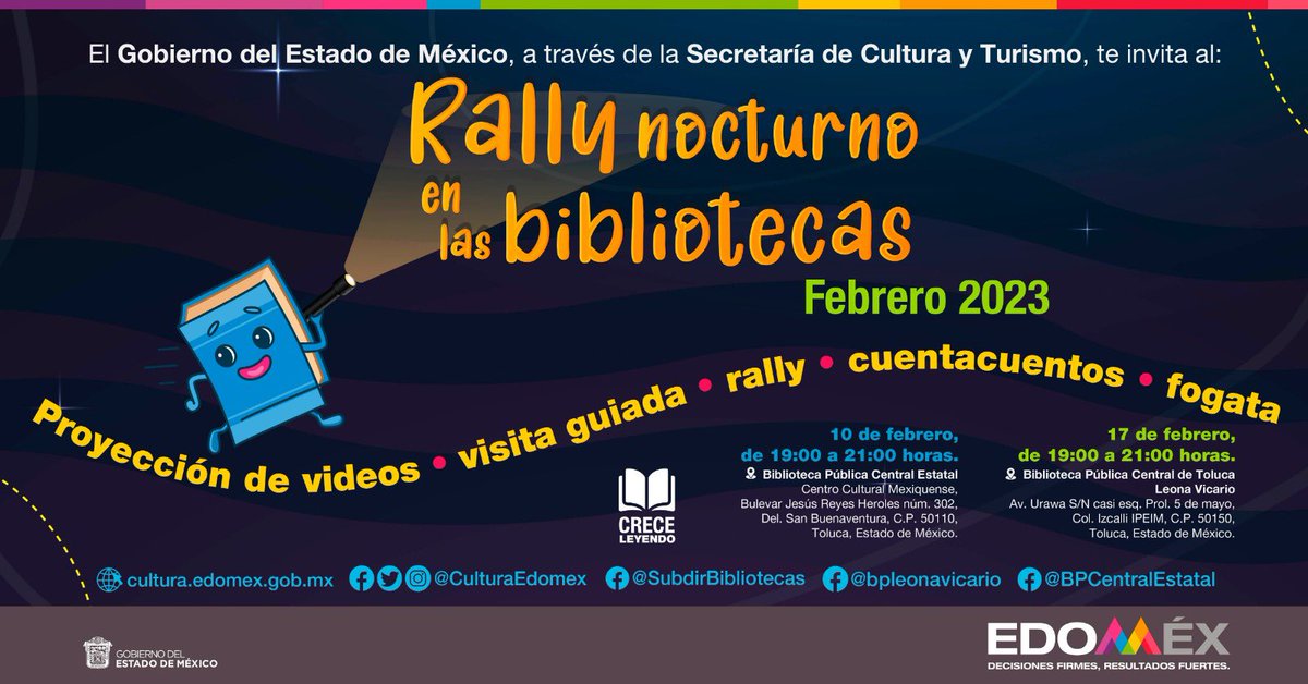 ArturoH19772369's tweet photo. Forma parte del #RallyNocturnoEnLasBibliotecas, disfruta junto con tu familia de proyecciones, visitas guiadas, cuentacuentos, fogatas y mucho más. Revisa las fechas y bibliotecas participantes. 
@CulturaEdomex https://t.co/NeWK59csBO