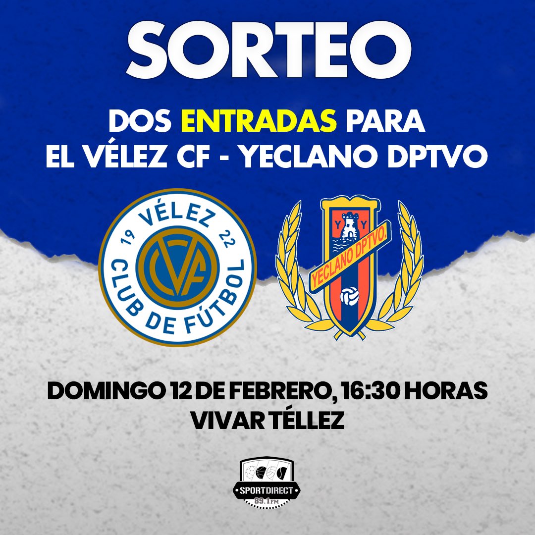 SportDirectR's tweet photo. 🎟️ Sorteamos dos entradas para ver el duelo este domingo entre @VELEZCFoficial y @Yeclano_dptvo 

- Dar RT al tweet
- Seguir al @VELEZCFoficial y a @SportDirectR
 - Comentar con quién irás al Vivar Téllez https://t.co/eRh2iZ8csh