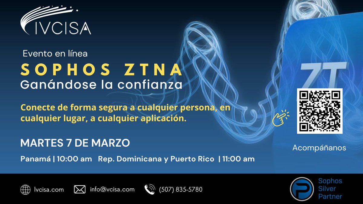 ivcisainc's tweet photo. Desea conocer sobre los beneficios que representa para la seguridad de la red de su negocio la confianza 0?.  Lo invitamos a nuestro próximo evento en línea este 7 de marzo, donde hablaremos sobre @Sophos ZTNA y por qué la confianza hay que ganársela: https://t.co/m7h2DJyiYn https://t.co/2gQNbrtdDj