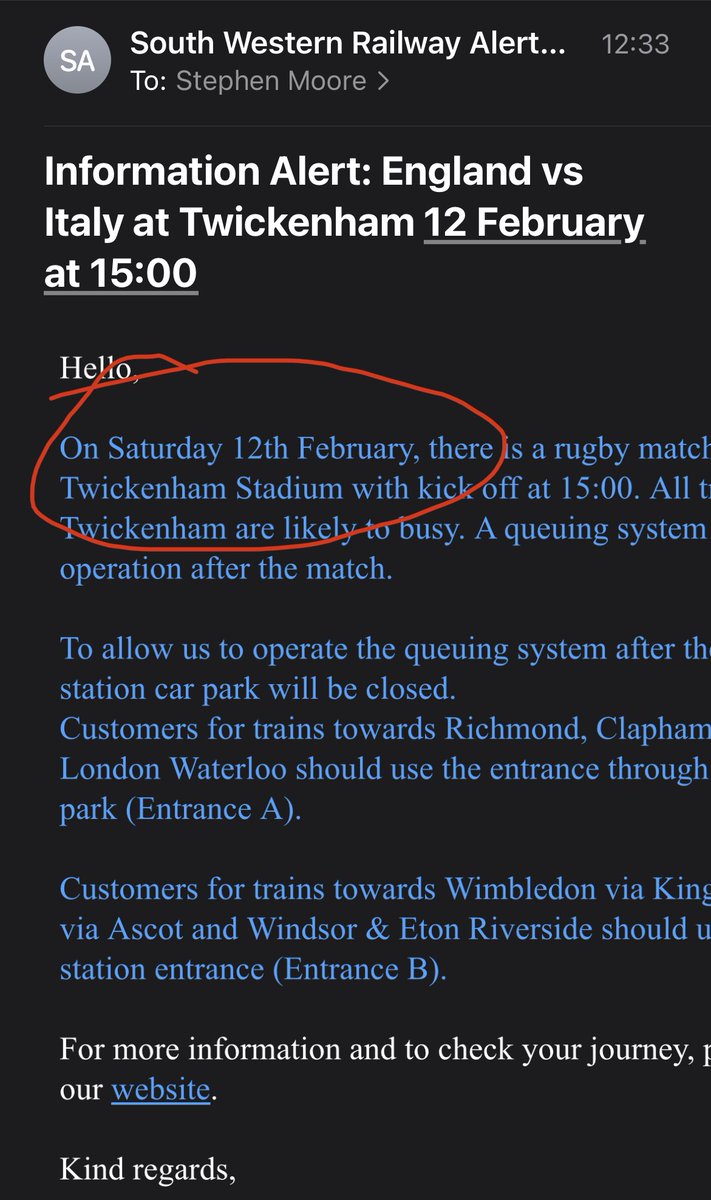 Stephen_A_Moore's tweet photo. ⁦@SW_Help⁩ last time I checked the 12th was a Sunday and my ticket to the rugby says it's Sunday so why are your emails saying the match and 12th Feb is Saturday? https://t.co/YxnpNfNoIE