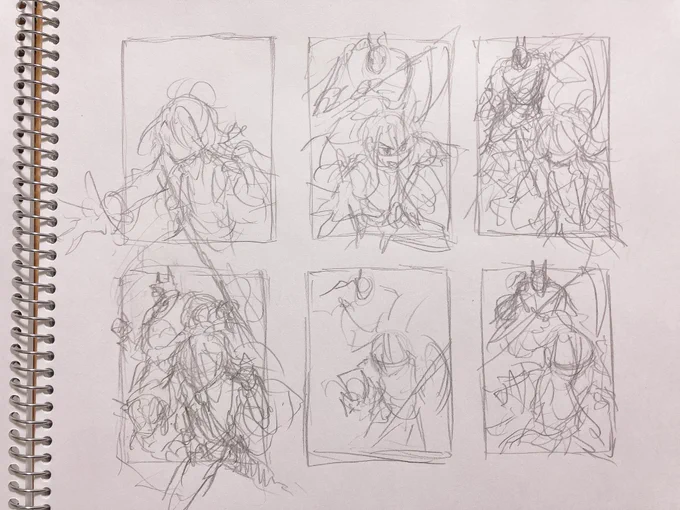 ラフのラフのラフみたいな……
構図案は多分ないな〜と思っても一旦思い付いたら描くようにしている… 