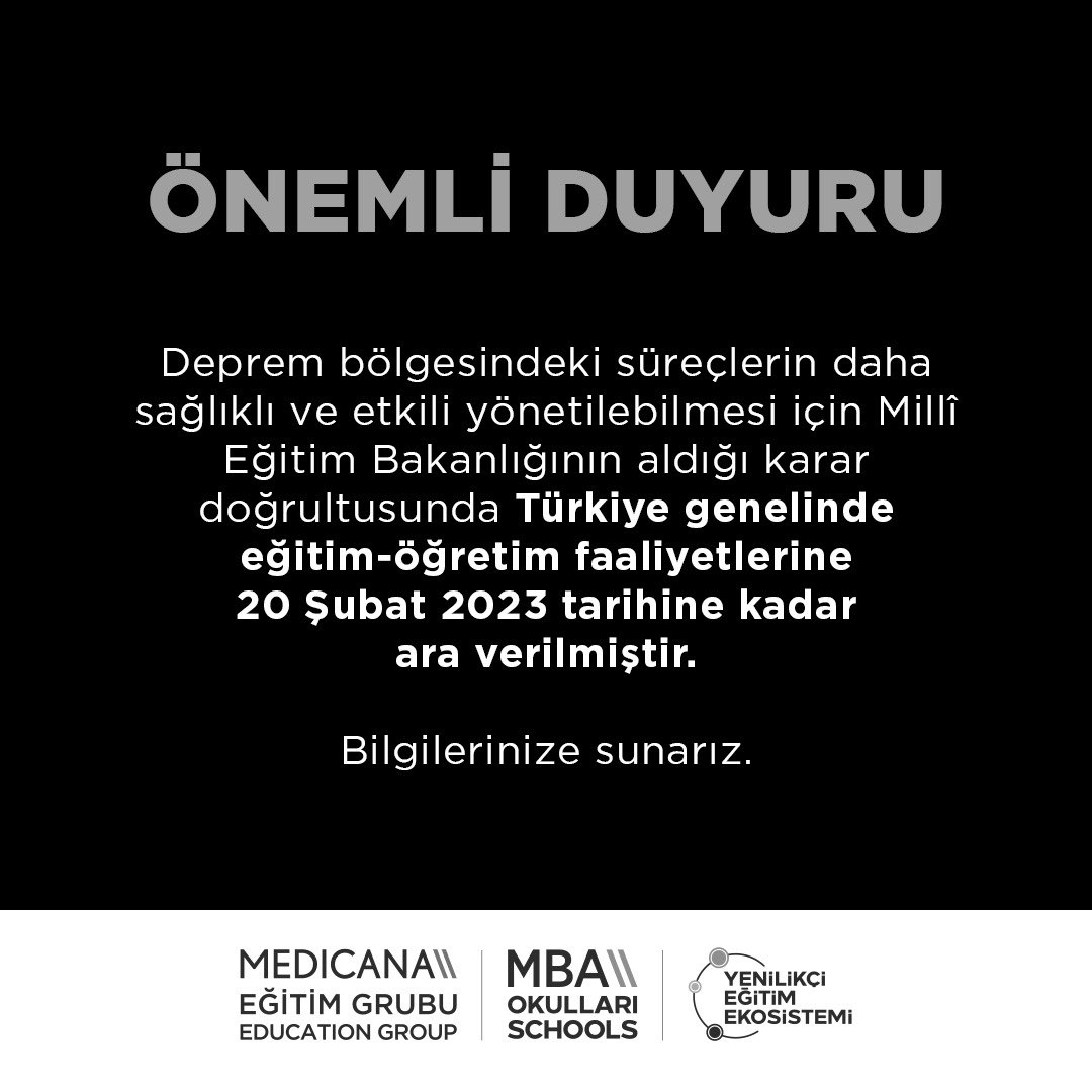 ÖNEMLİ DUYURU

Deprem bölgesindeki süreçlerin daha sağlıklı ve etkili yönetilebilmesi için Millî Eğitim Bakanlığının aldığı karar doğrultusunda tüm Türkiye genelinde eğitim-öğretim faaliyetlerine 20 Şubat 2023 tarihine kadar ara verilmiştir.

Bilgilerinize sunarız.