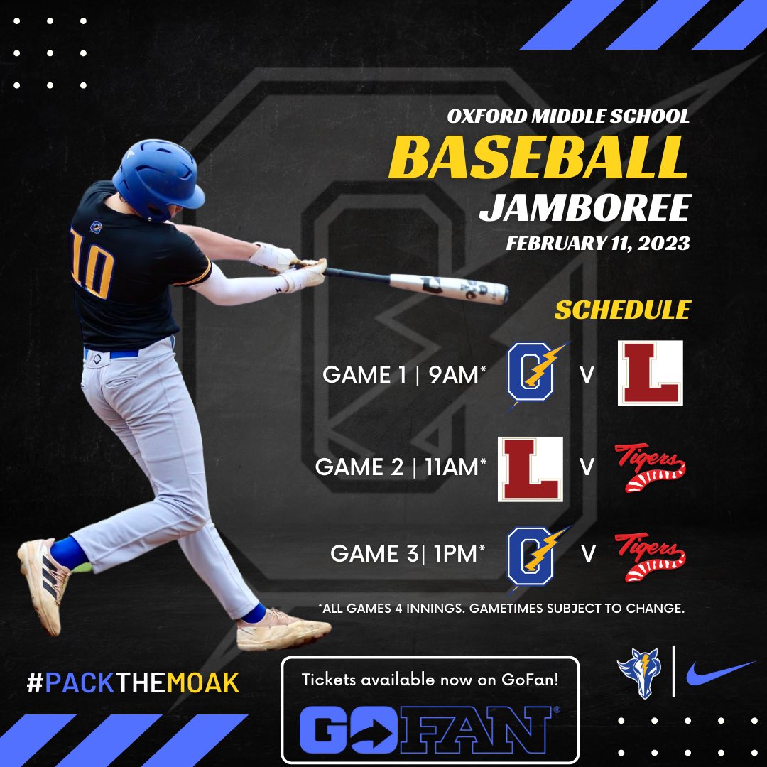 OxfordMSB's tweet photo. Opening Day at the Moak is this Saturday, Feb. 11th. Our games times are as follows:
- 8th Grade at 9AM v. Lafayette
- 7th Grade at 1PM v. South Panola
All games will be 4 innings or an hour & a half. Games may begin sooner so be early & be loud! #PackTheMoak #ChargedUp https://t.co/fWONZykD7G