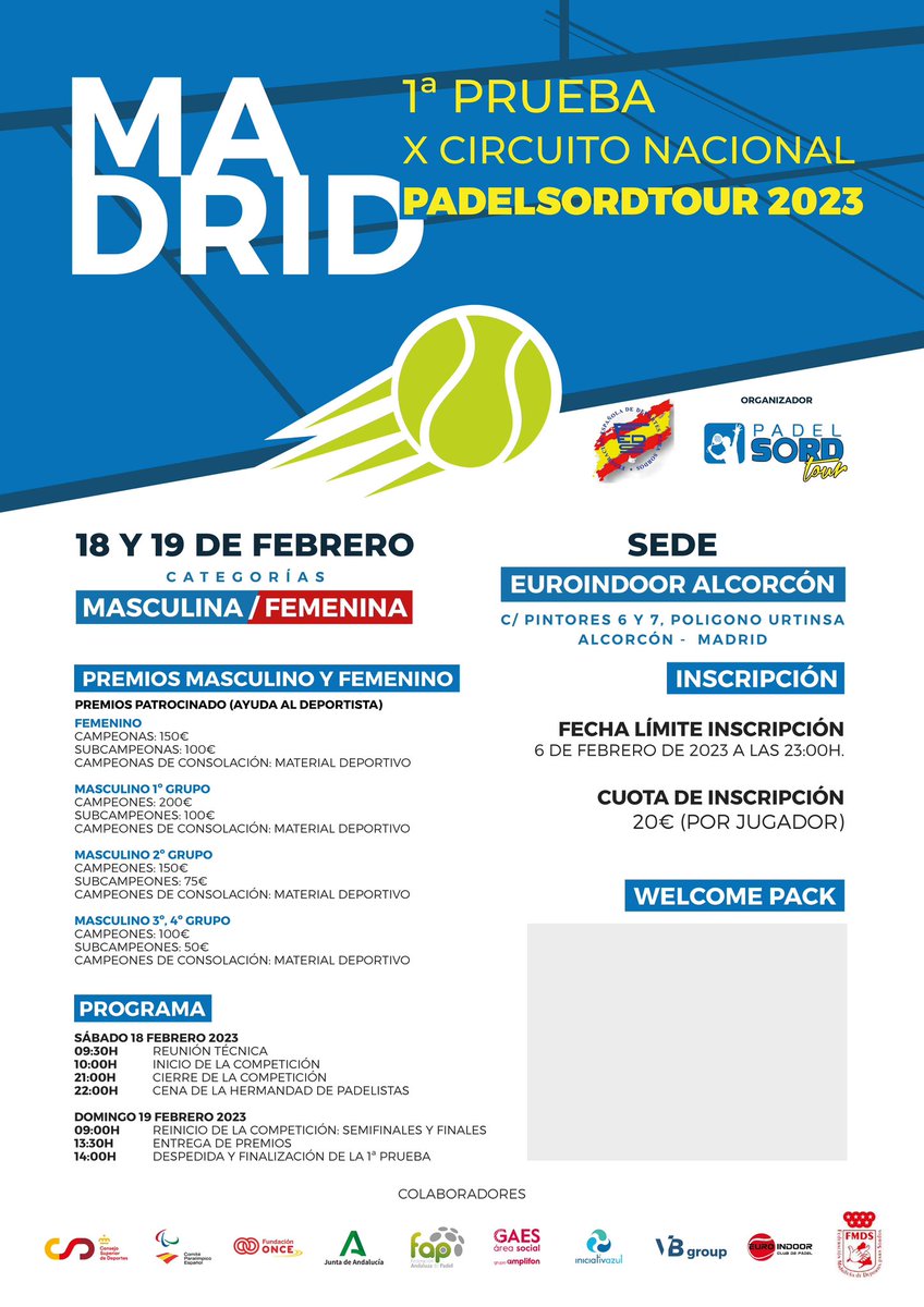 Tic tac, ya queda poco para la celebración de la primer prueba del 2023, agradecer a todos los colaboradores y a los participantes. Nos vemos en Alcorcon Madrid
<a href="/faponline/">Fed. Andaluza Pádel</a> <a href="/FEDSordos/">FEDSordos</a> <a href="/deportegob/">CSD</a> @GAES <a href="/AndaluciaJunta/">Junta de Andalucía</a> <a href="/iniciativazul/">Iniciativazul</a> #FMDS #VBGROUP