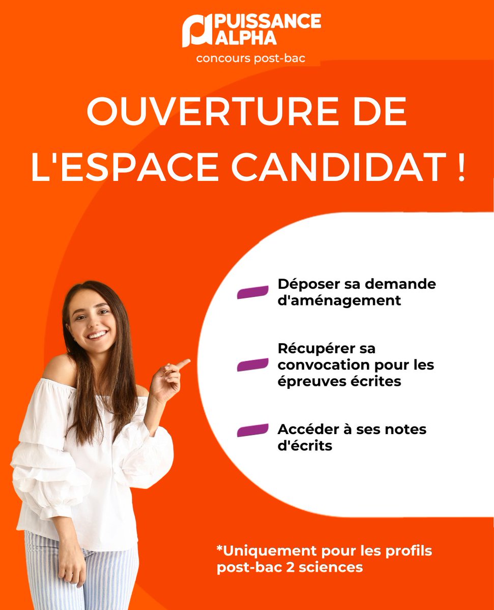 📣[Avis aux Terminales 2 sciences] 

Si vous avez déjà candidaté sur Parcoursup, vous pouvez dès maintenant créer votre espace candidat sur espace-candidat.puissance-alpha.fr !🧑🏻‍🎓

#orientation #Ingénieurs #parcoursup