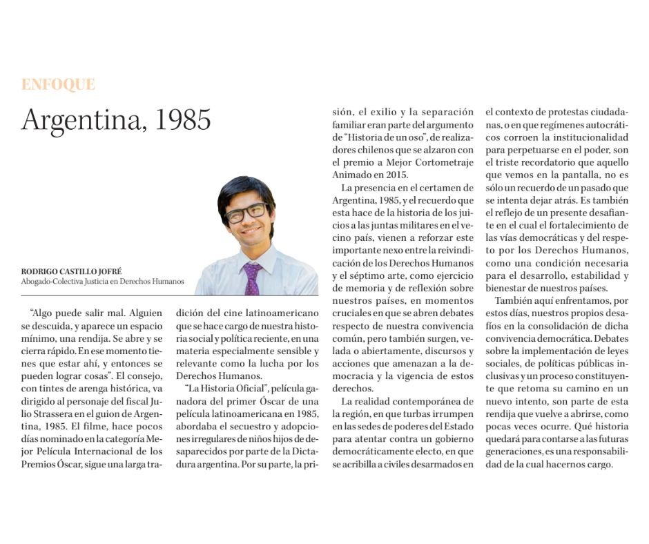 Colectiva_ddhh's tweet image. El cine latinoamericano lleva décadas reflejando la historia social y política de este continente. La nominación del filme 🎥"Argentina, 1985" como Mejor Película Internacional de los Premios Óscar lo demuestra. @rocastillojofre  abogado de @Colectiva_ddhh reflexiona sobre ello.