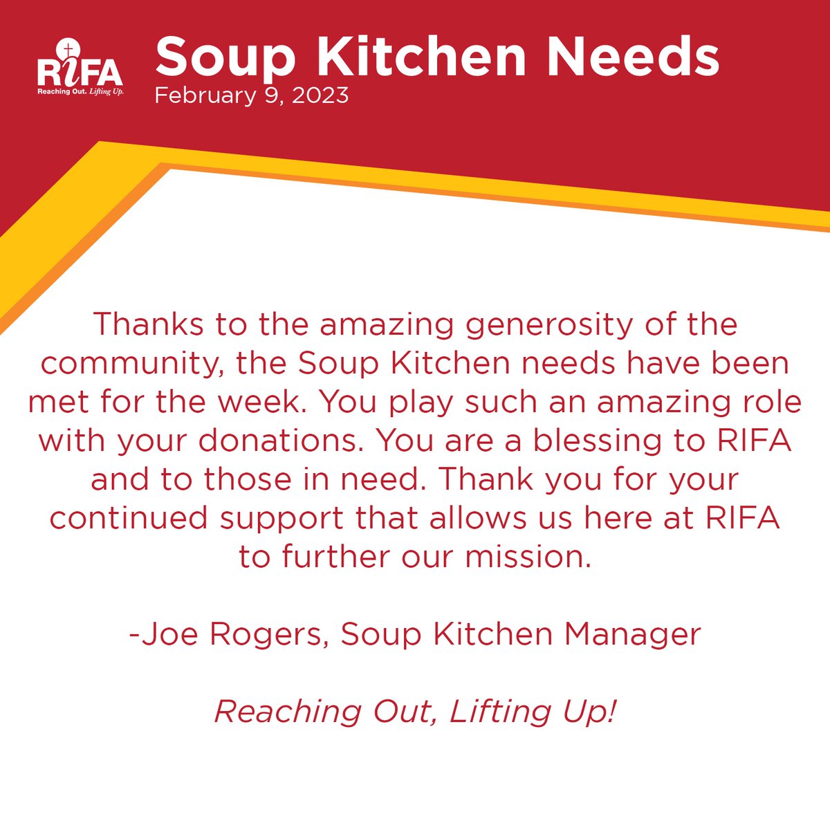 rifajackson's tweet photo. The needs of the RIFA Soup Kitchen have been met! Thank you so much for your support!
#RIFAJackson #ReachingOutLiftingUp https://t.co/pssU6ZX7t3