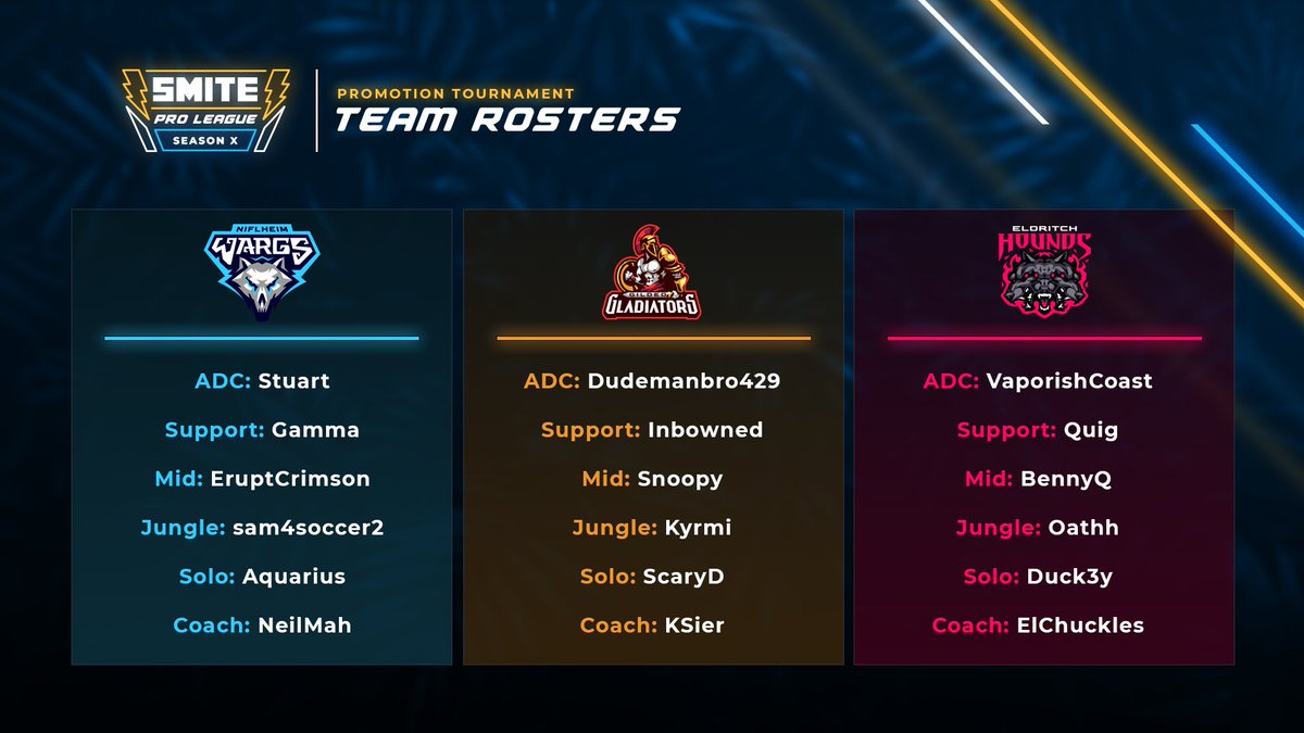 Smite2Esports's tweet image. Roster applications were so stacked this year that we're EXPANDING our promotion tournament to accommodate them all! 

⚡ 10 teams
⚡ 5 days
⚡ 2 SPLX spots up for grabs

Here are your rosters for the tournament. Hit up our blog for more details! 

📖 smiteproleague.com/news/spl-seaso…