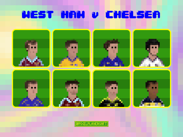 PixelPlayersNFT's tweet photo. Straight into it this weekend folks 👇

Featuring our #PixelPlayers contingent from both teams, West Ham take on London rivals Chelsea in the lunchtime clash.

🏟 1230pm West Ham v Chelsea (15 mins away)⚽️

Can you name them all? 😍

#PixelArt #NFTs #NFTCommunity #WHUCHE https://t.co/5VtGLP5qv5
