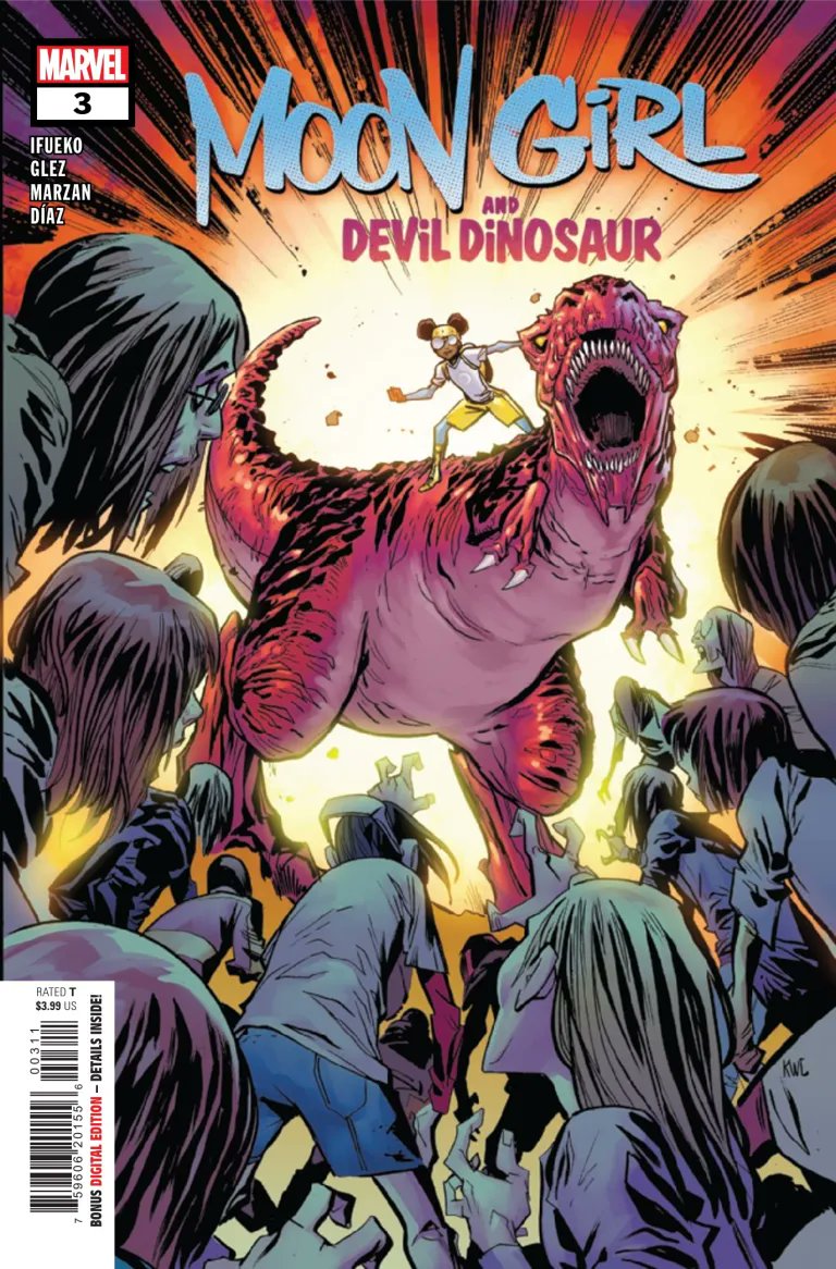 KikinhoJ's tweet photo. Moon Girl and Devil Dinosaur #3 is out! written by Jordan Ifueko, lineart by Alba Glez pencils and @JoseMarzan inks, colors by me. https://t.co/x8kPHrJDRd