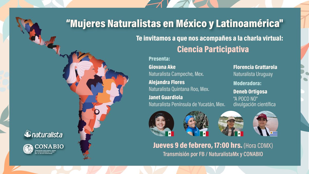 CONABIO's tweet photo. 👩‍🏫👧 Mujeres NaturaListas en México y Latinoamérica 👧👩‍🏫👩‍🔬

El día de hoy tenemos un tema super interesante "Ciencia participativa" estaremos platicando con mujeres naturalistas de México y Uruguay.

Nos vemos a las a las 17:00 hrs. en FacebookLive https://t.co/ABnwVEiOBp
