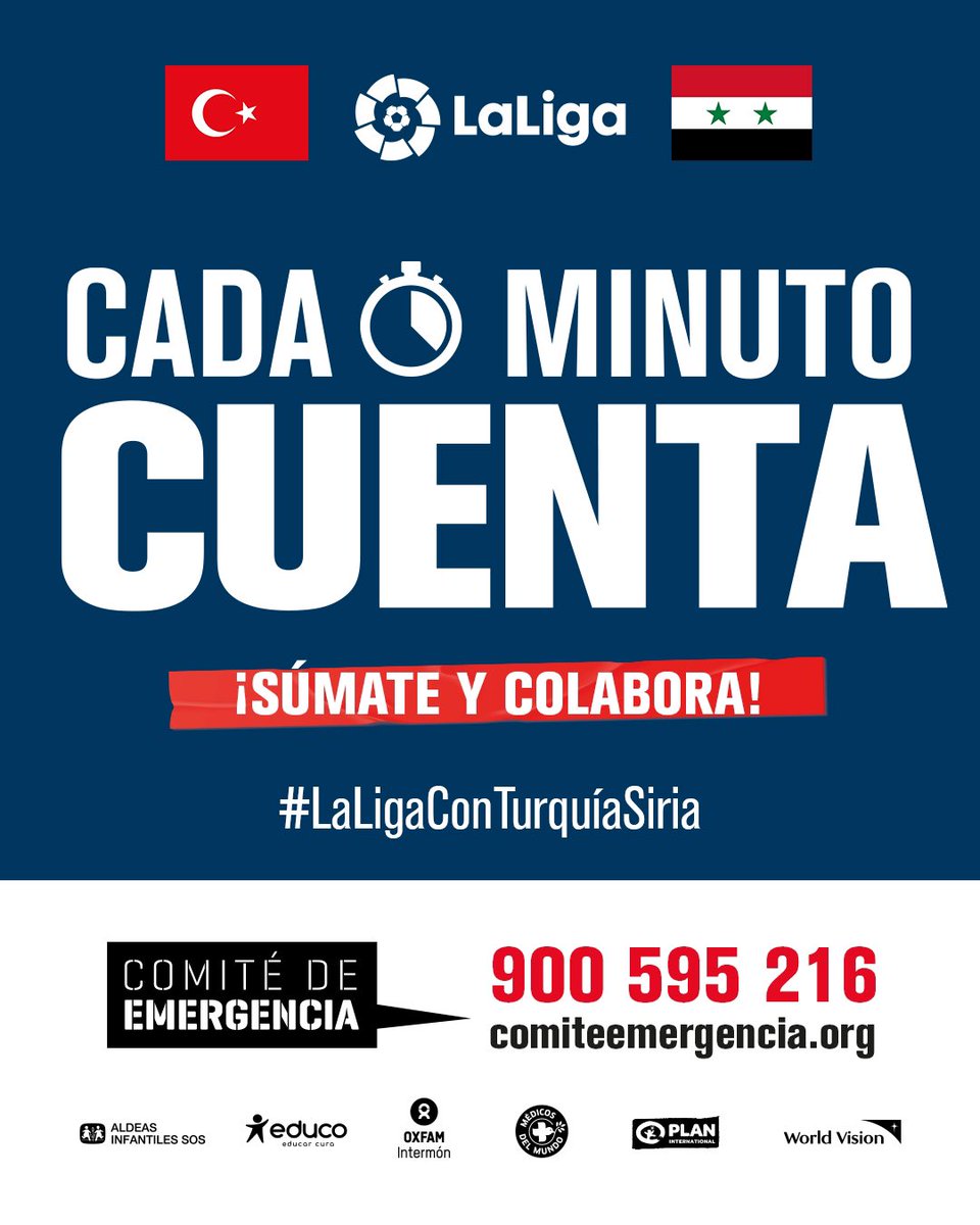 El mundo del fútbol está con Turquía y Siria. El @c_emergencia está llevando a cabo una campaña de donaciones que ayude a combatir la catástrofe. Puedes ayudar entrando en comiteemergencia.org o llamando al 900 595 216. #LaLigaConTurquíaSiria