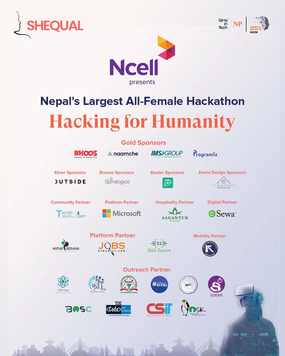 shequal_org's tweet photo. The moment we've all been waiting for is here!
Ncell presents Hacking for Humanity is finally starting today! Get ready to unleash your creativity, innovation, and passion. Let's make history together!
#h4h #allfemalehackathon #hackathon #itshertime https://t.co/0zksxjPh0F
