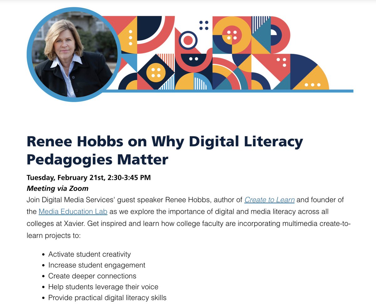 reneehobbs's tweet image. I'm thrilled to offer a professional development program for faculty at @xavieru on February 21 for their Digital Learning Day. Learn more: xavier.edu/digital-learni… #createtolearn #diglit
