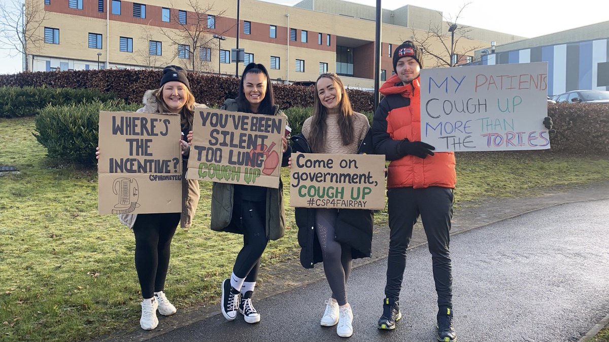 LaurenC_Physio's tweet photo. Today me &amp; my Physiotherapy colleagues put down our stethoscopes &amp; headed for the picket line! Taking a day unpaid to fight for fair NHS pay, better patient care &amp; staff retention!! #CSP4FairPay #SaveOurNHS #TeamCriticalCare @AshYouLikeIt @laura_swinscoe @Jodie_Physio https://t.co/ZfXXd9iJQA