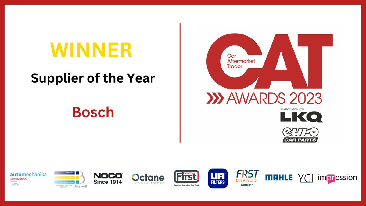 Now let's go to Supplier of the Year, one of the most contested Awards, and it is voted on by CAT readers.
The clear winner is… <a href="/BoschUK/">Bosch UK</a>!