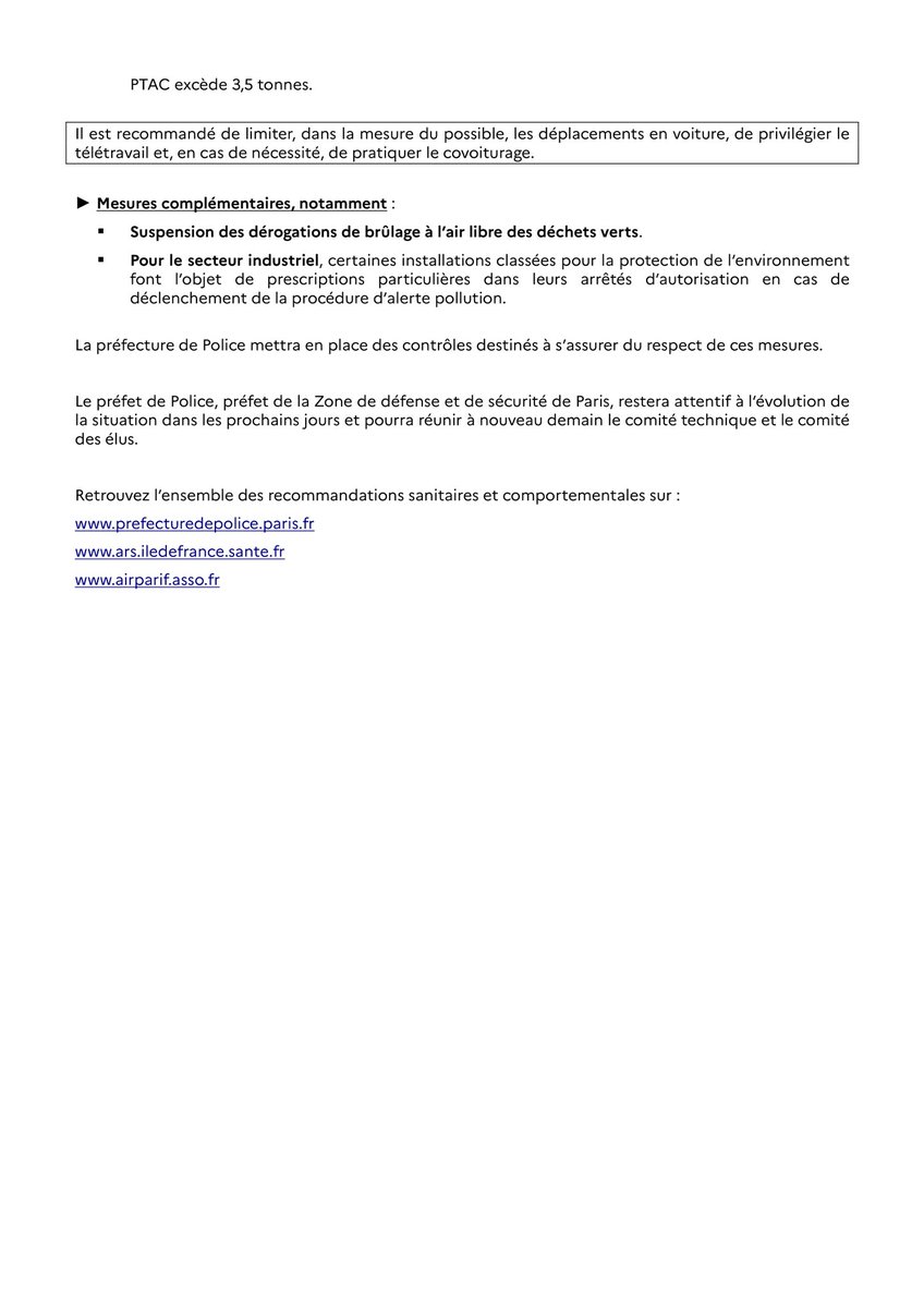 🔴Persistance de l’épisode de #pollution le 10/02
<a href="/prefpolice/">Préfecture de Police</a> met en place des mesures restrictives en IDF
👉réduction de la vitesse maximale autorisée
👉interdiction de l’usage du chauffage individuel au bois
👉contournement de la rocade francilienne de ➕3,5 tonnes
Infos⬇️