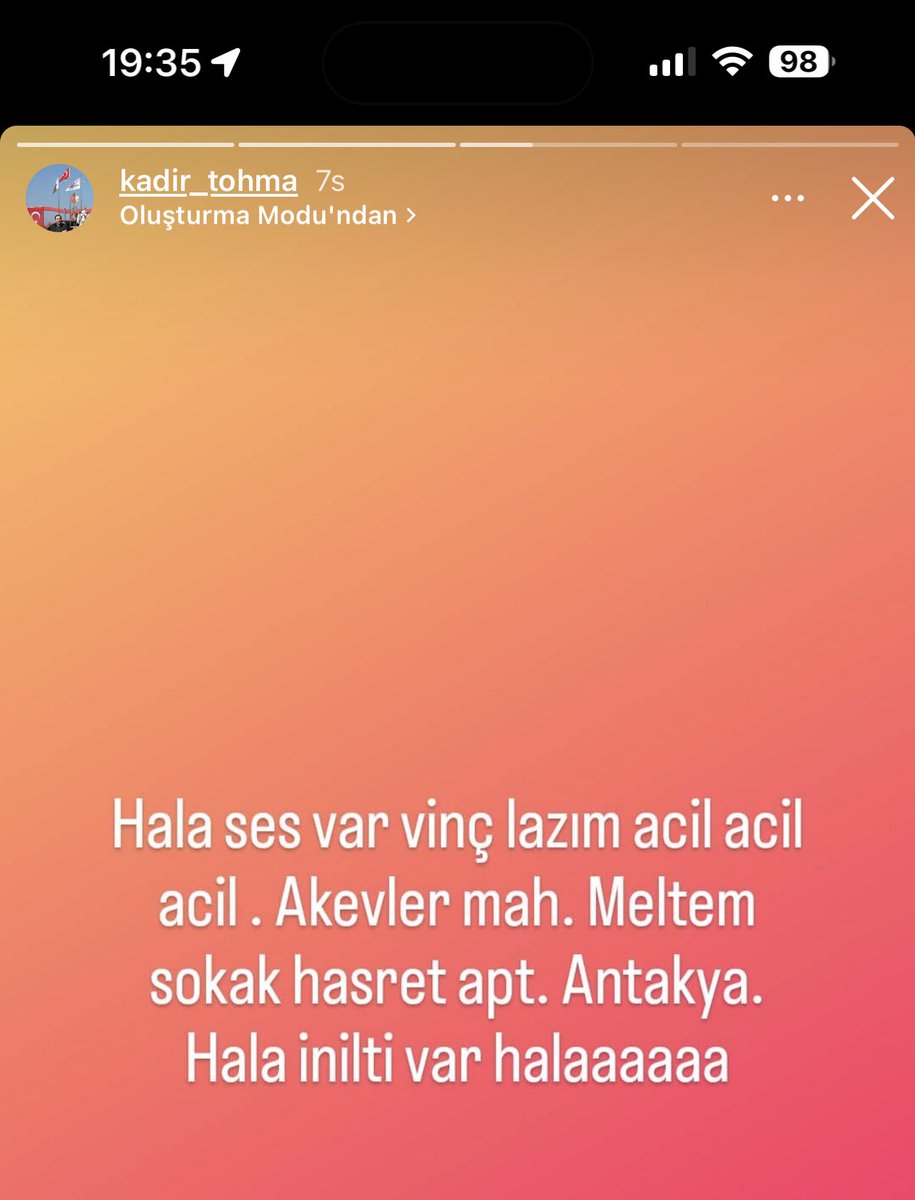 goknuraslan's tweet photo. @ProfDemirtas Kadir Tohma: 0536 327 84 25

Antakya - Akevler Mah Meltem sk. Hasret apt.

@ProfDemirtas  7 saat önce ses vardı, vinç yok, ekip yok. Yalnızlar. https://t.co/4BIGfNeu75
