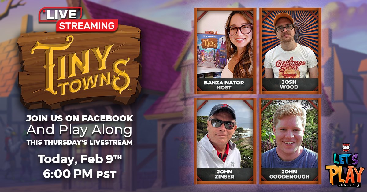 alderac's tweet image. Let's have a night out at the Tiniest of Towns!

Come join the crew as we play this AEG classic alongside special guests @banzainator, @sirjoshwood, @JohnGoodenough, and @johnzinser !

The fun starts today at 6pm PT!
fb.me/e/2rEdbyFBs
#boardgames #tabletop #wemakefun