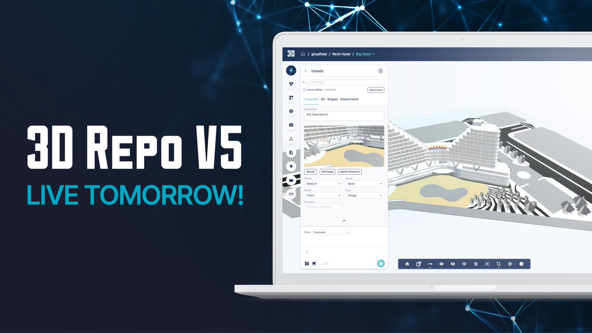 Big news! 3drepo.io #V5 goes live tomorrow🚀
V5 is packed with new &amp; improved features for a seamless #BIM collab experience, and we can't wait for you to try it! 
Simply login into 3drepo.io or book a free demo to learn more: bit.ly/3fS43iL