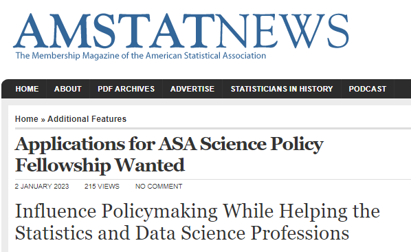 ASA_SciPol's tweet image. Interested in advocating for evidence-based policymaking and data-driven decision making? The ASA is advertising for the Science Policy Fellow position to start fall, 2023. Please help spread the word. @SciPolJobs #SciPolJobs 
magazine.amstat.org/blog/2023/01/0…