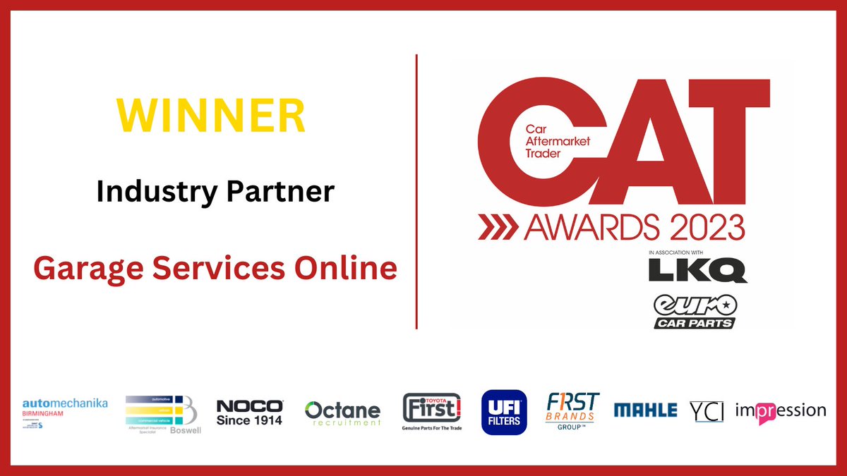 On to the next category, and it’s the Industry Partner Award for services to the aftermarket, and this award was voted on by CAT readers.

And the winner is, Garage Services Online! 
Thank you <a href="/automechanikaUK/">Automechanika UK</a> for sponsoring this award.