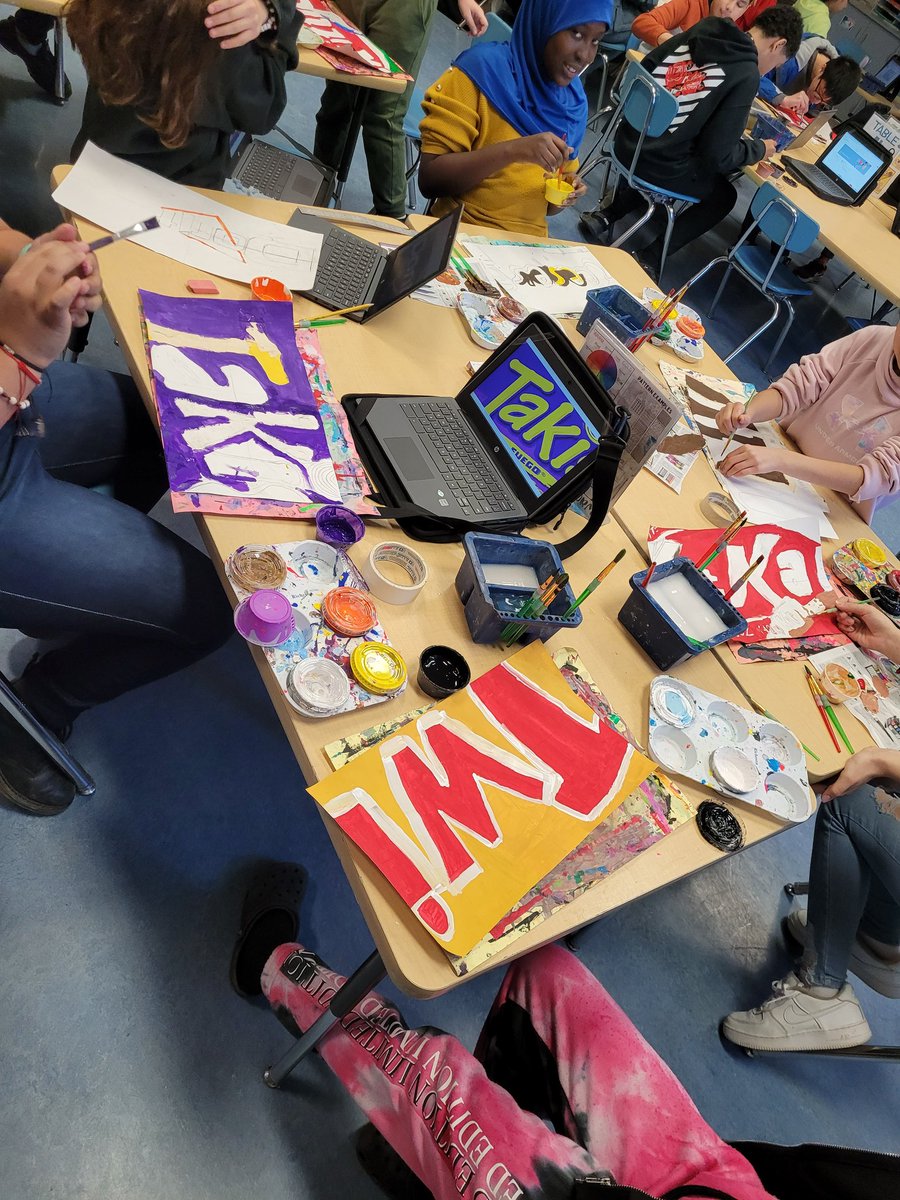 CEColeArt's tweet photo. This week 6th grade is studying graphic design and logos super close up!  We can't wait to hang their candy paintings for our #oneschoolonebook celebration after reading Charlie and the Chocolate Factory.  @CoolColeMuhls https://t.co/JOPuEJ4pT9
