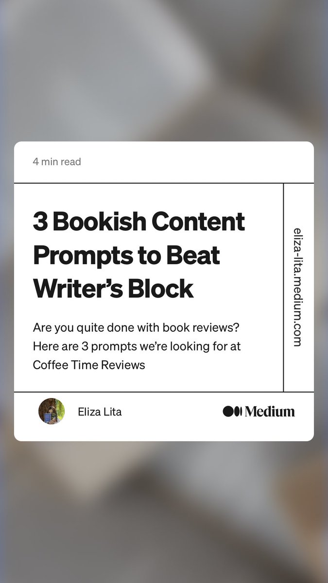 🚨Writing prompts

Check out the latest content call-out from our editor ⁦<a href="/lita_eliza/">Eliza Lita</a>⁩ who shares 3 bookish content prompts to beat writer’s block. #booktwitter #writing #writingcommunity
link.medium.com/mKmEVnpAhxb