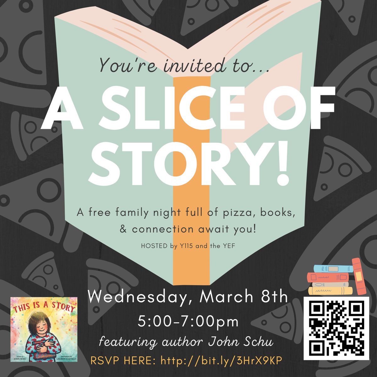 You are invite to attend a FREE family on 3/8.
Y115 families are invited to attend an engaging presentation by author John Schu at the YMS auditorium from 6-7pm. Pizza will be served from 5-5:45pm. RSVP Now by scanning the QR Code or visiting bit.ly/3HrX9KP