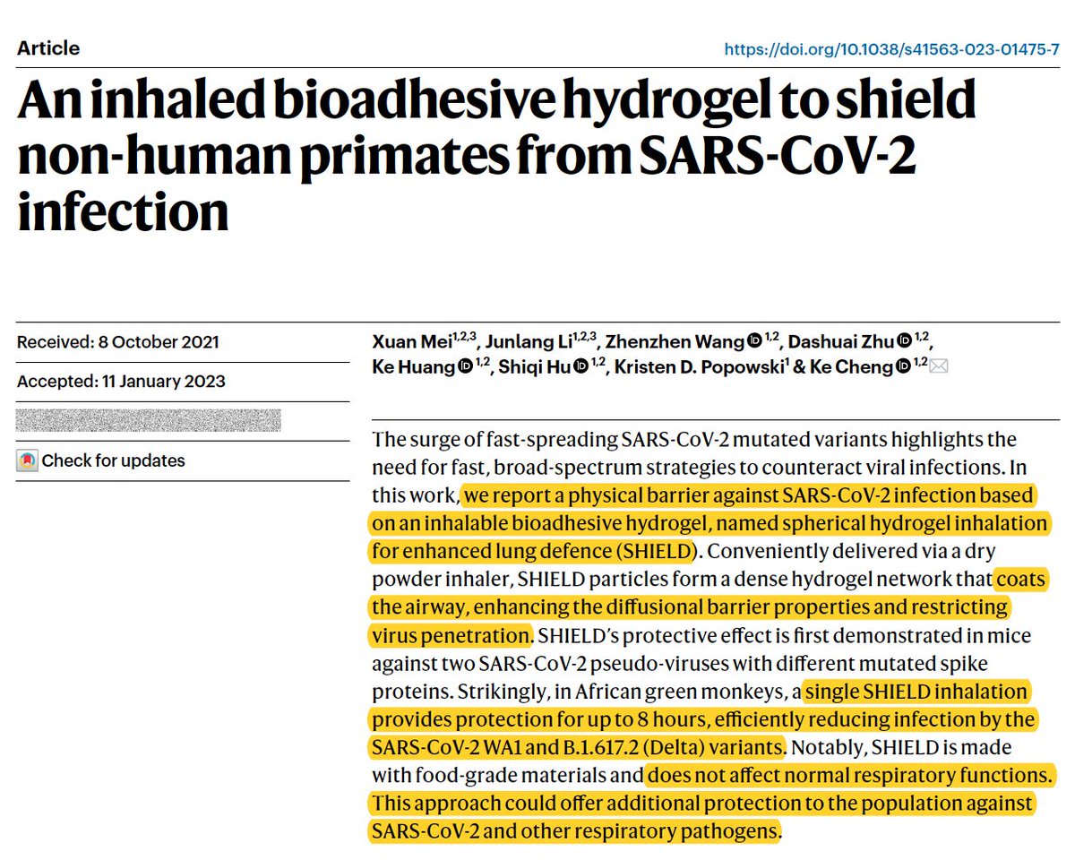 EricTopol's tweet photo. An inhaled hydrogel shield coats the airway to prevent Covid infections, yet another way to get ahead of  this virus, no less other respiratory pathogens
https://t.co/UhWJ61IFEi @NatureMaterials https://t.co/E9q8ZsYf8t