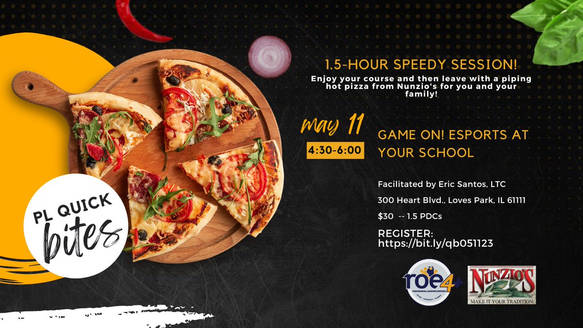 ltcillinois: RT @BWROE4: @BWROE4 JUST RELEASED: 
'Game On! Esports at Your School' w/ @ltcillinois. This May 11 PL Quick Bites sesh PLUS a large Nunzio's pizza is a WINNER! Tickets available here --> bit.ly/qb051123 

#ROE4learning #esports #piz…