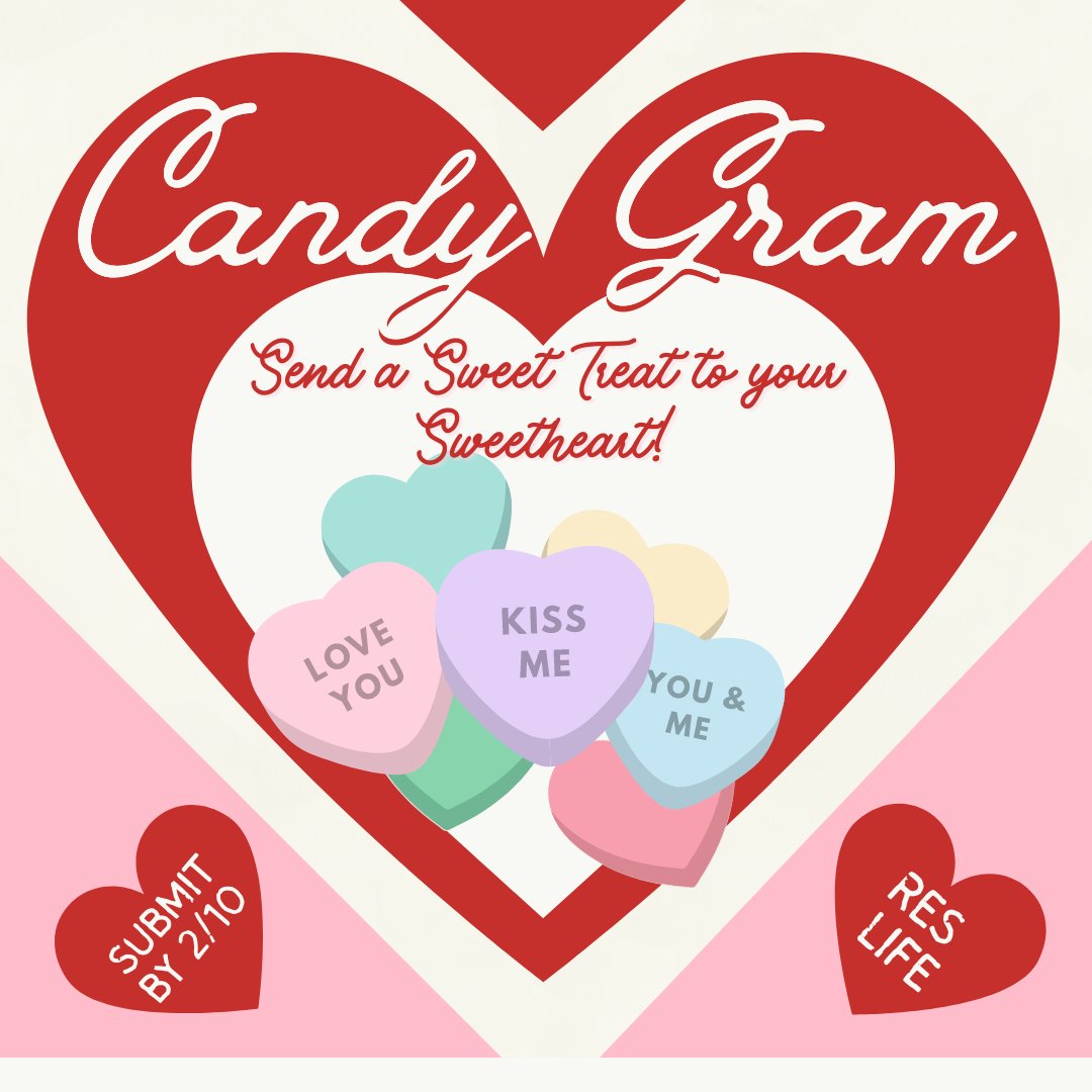 Want to do something sweet for someone on campus this Valentine's? Consider sending them a CANDY GRAM!! Submit any order to the Google Form below by FEBRUARY 10TH!! 🍭 🍫 ♥️ 💞 💝