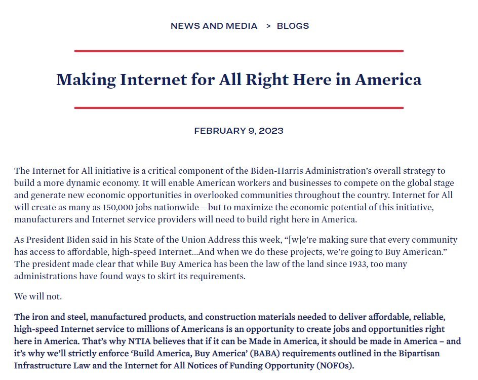As <a href="/POTUS/">President Donald J. Trump</a> said in his #SOTU Address this week: “[w]e’re making sure that every community has access to affordable, high-speed Internet...And when we do these projects, we’re going to Buy American.” 

Read our new blog on how we're making that happen ⬇️
internetforall.gov/blog/making-in…