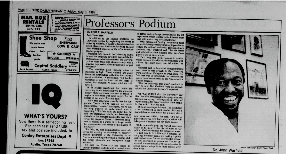 Warfield_UT's tweet photo. 1973-1986: Dr. John L. Warfield, Director of @UTAustin African and Afro-American Studies and Research Center
#WarfieldWeek 🤘🏾🧡 https://t.co/uah5lEtK78
